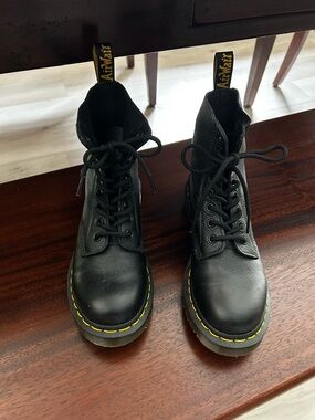 Dr. Martens Black Leather Lace-Up Boots with Yellow Stitching